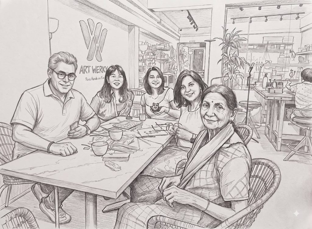 Pencil sketch of friends and family gathered around a table at artwerkx