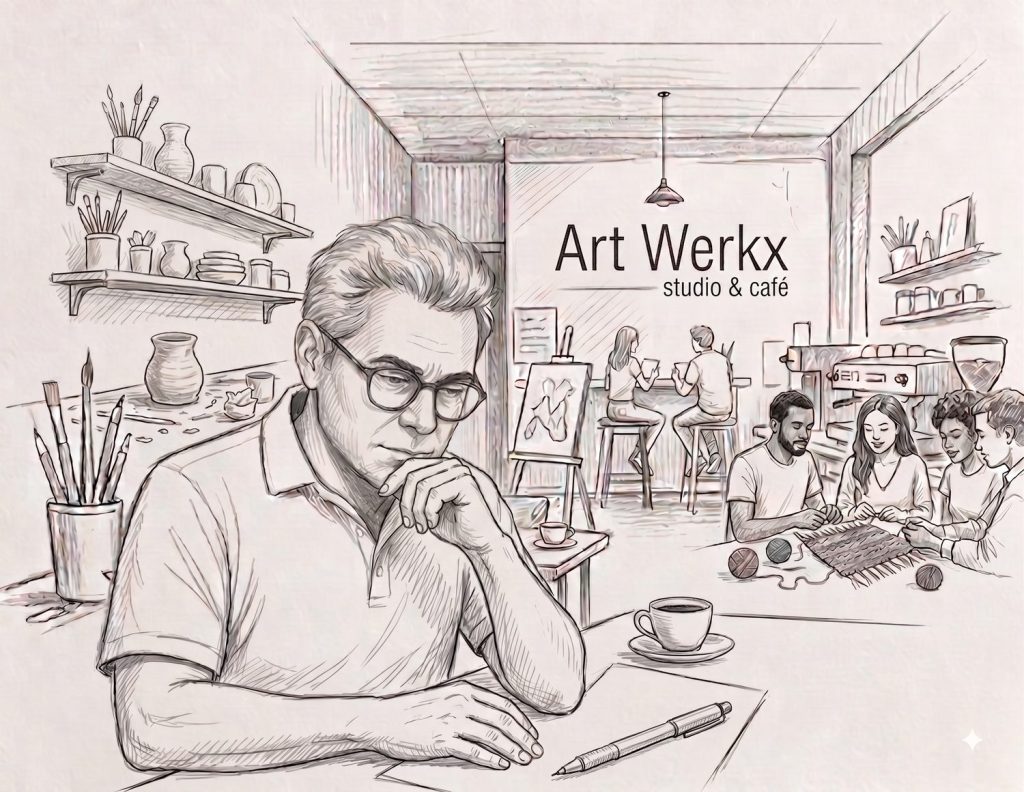 Pencil sketch of the founder sitting alone in thought inside artwerkx